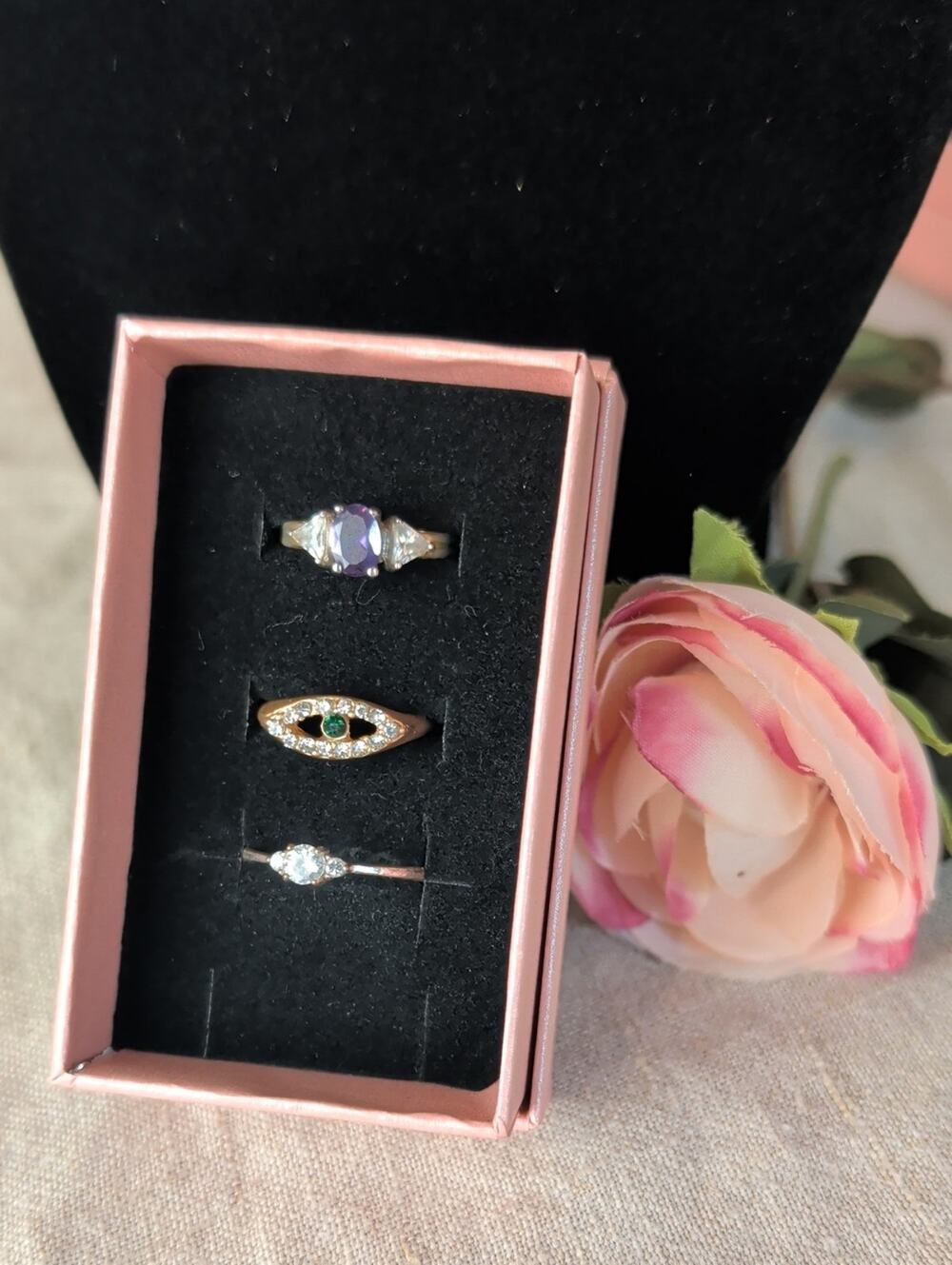 Rhinestone Ring Lot Evil Eye, Purple Statement & Solitaire